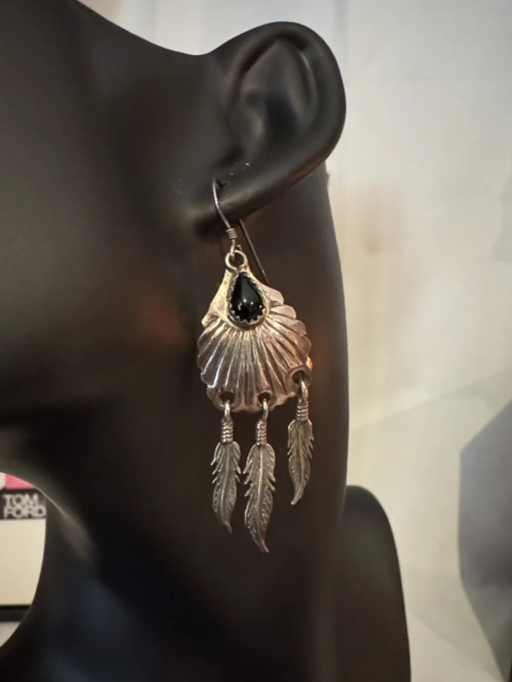 Sterling Silver Black Teardrop Feather Dangle Earrings
